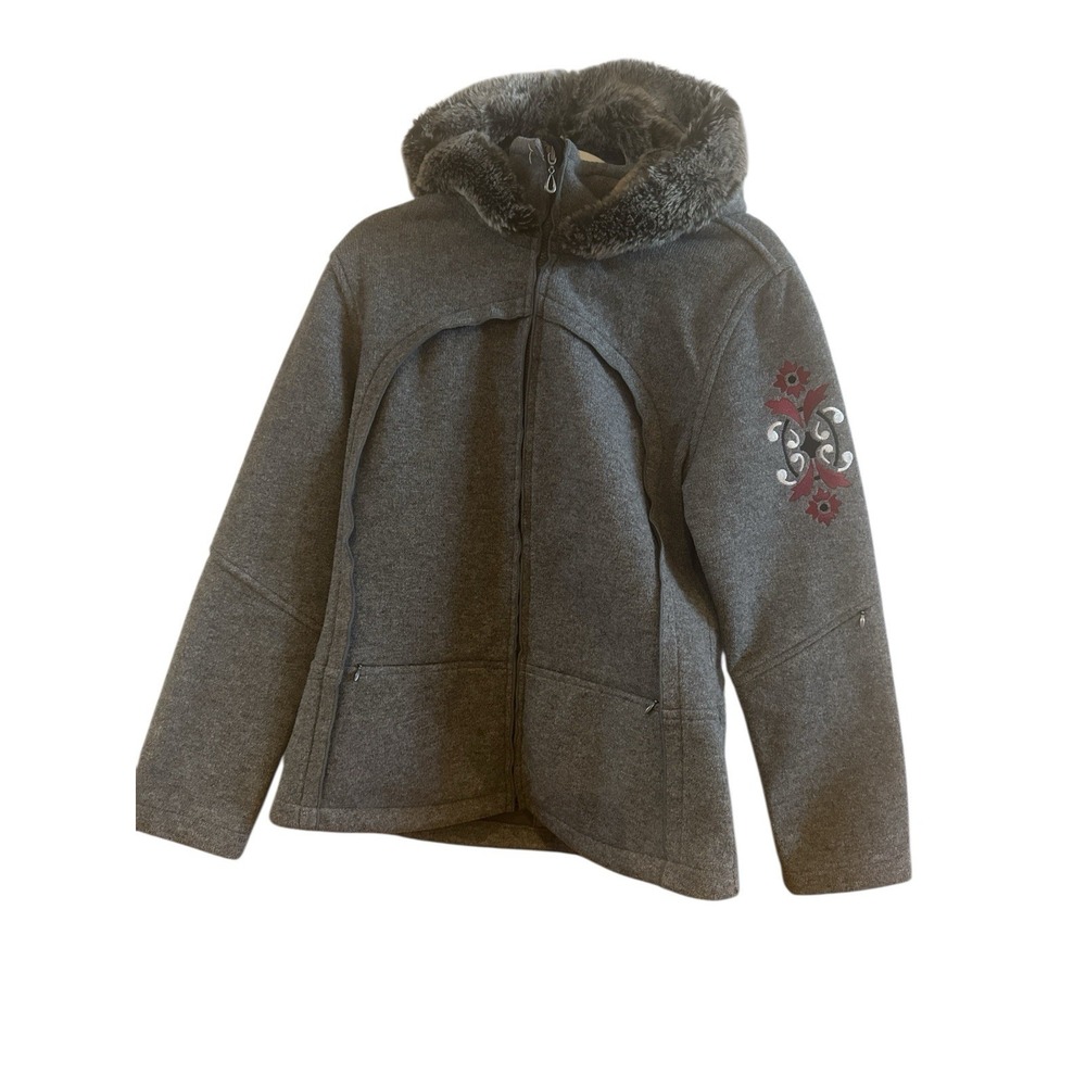 Athleta Grey Wool Blend Woman's Jacket Medium Sleeve Embroidery Faux Fur Hood